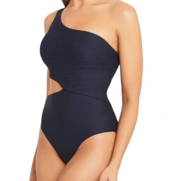 Sea Level One Shoulder Cut Out Lace Bodice One Piece Swimsuit Navy 12 NWT - Picture 3 of 15